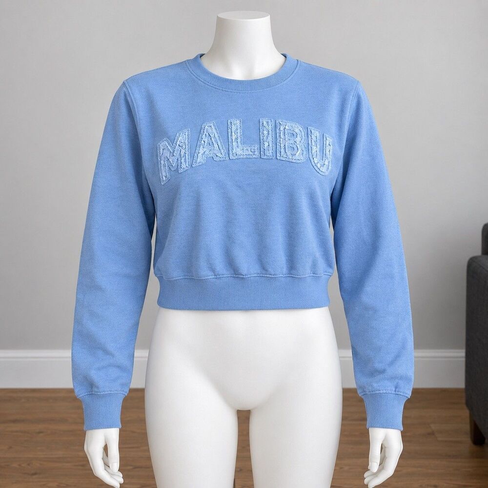 Recycled Threads Malibu Sweatshirt Womens S Blue Cropped Embroidered Coastal